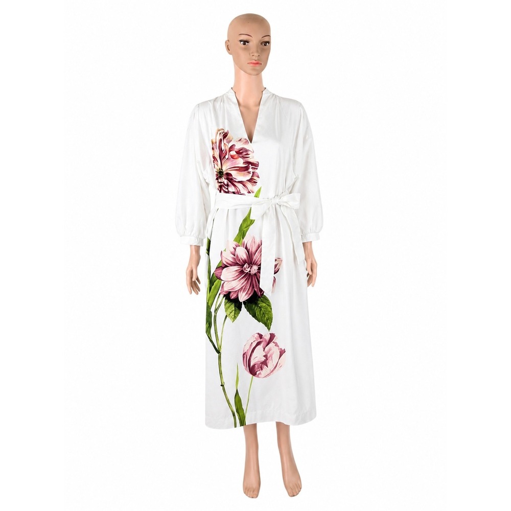 Anthropologie Belted V-Neck Floral Midi Dress MP Medium Petite Cotton Pockets - Picture 1 of 13